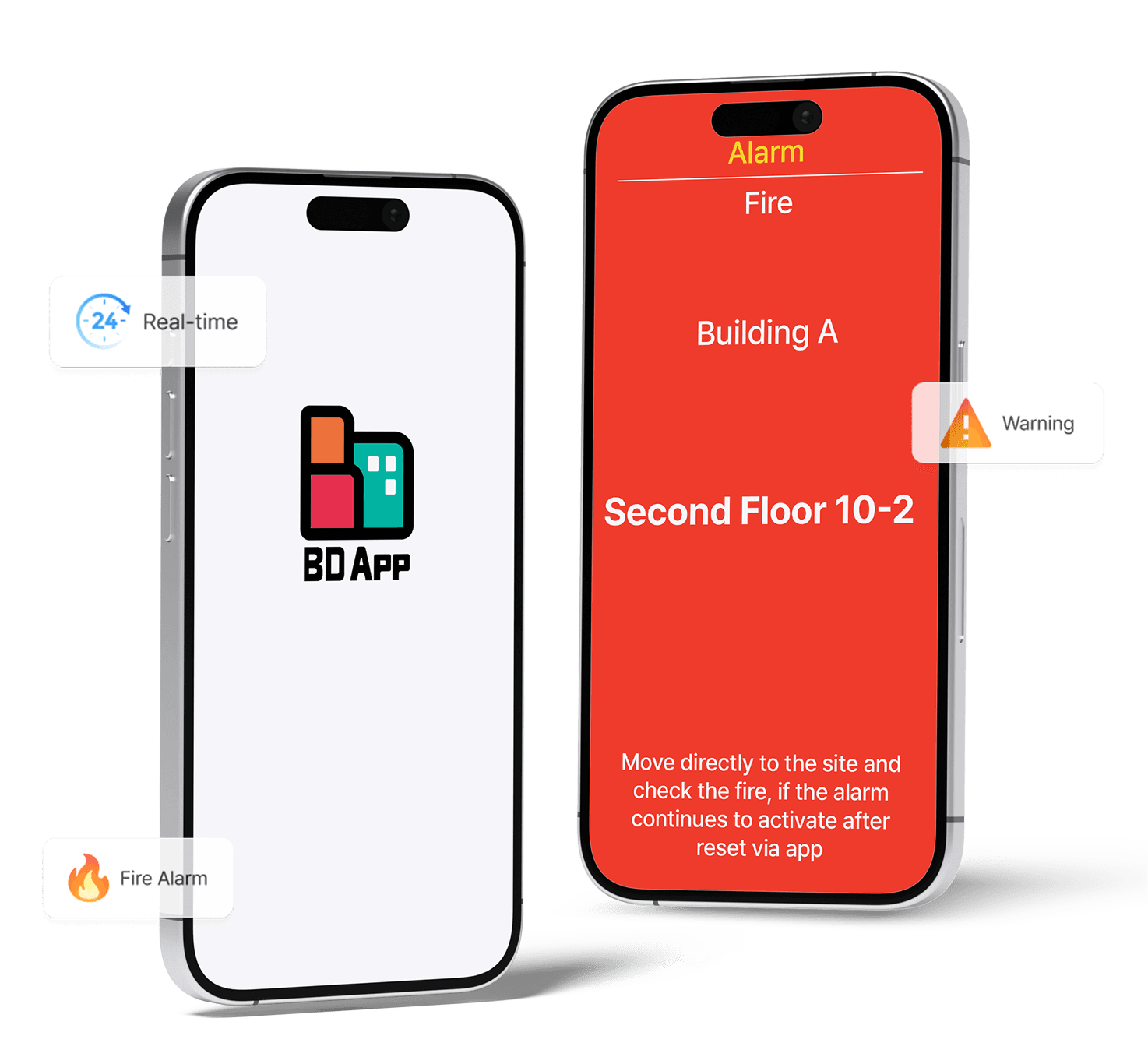 BDApp real-time monitoring and fire alarm screens