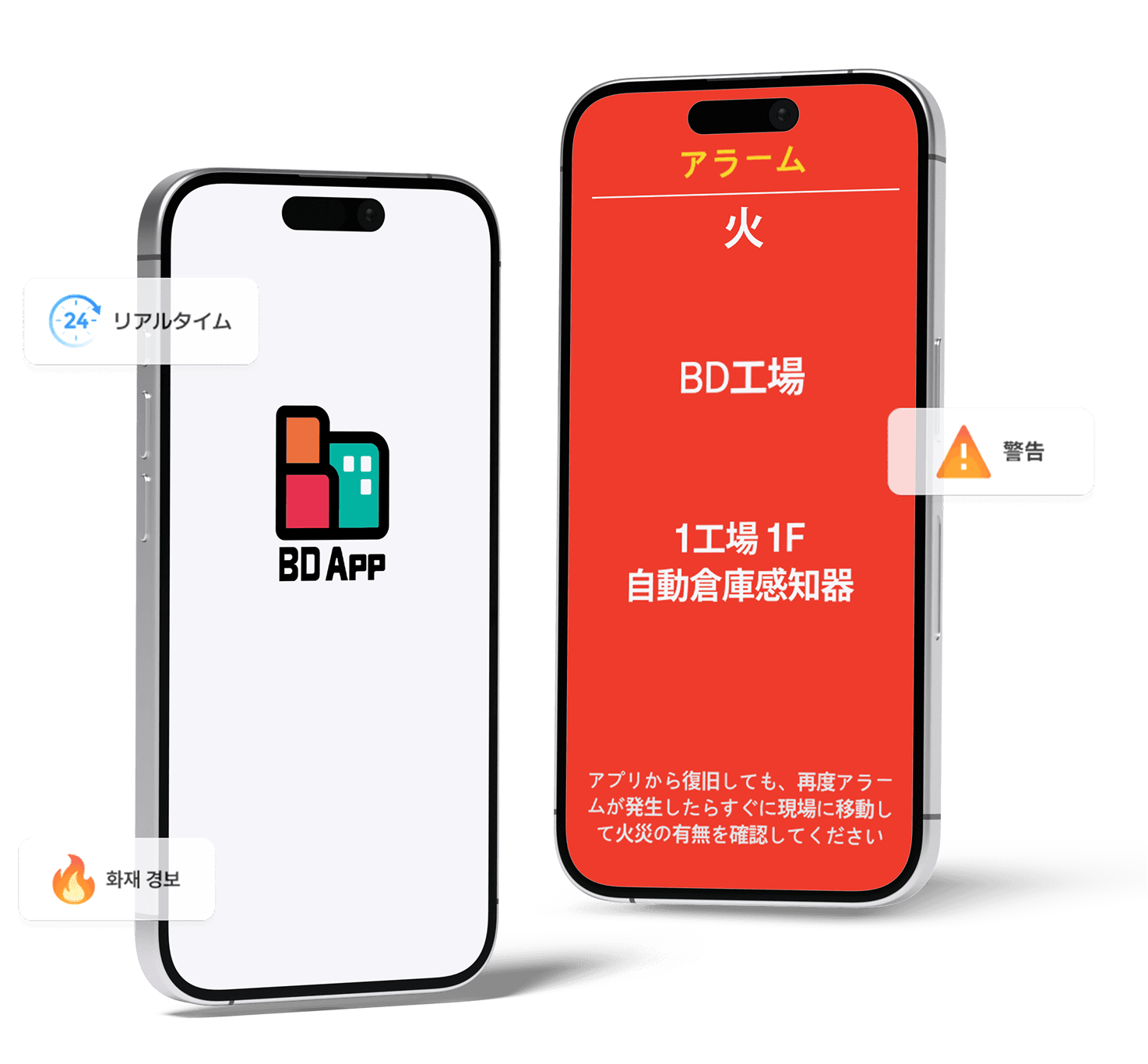 BDAppのリアルタイム監視と火災警報画面